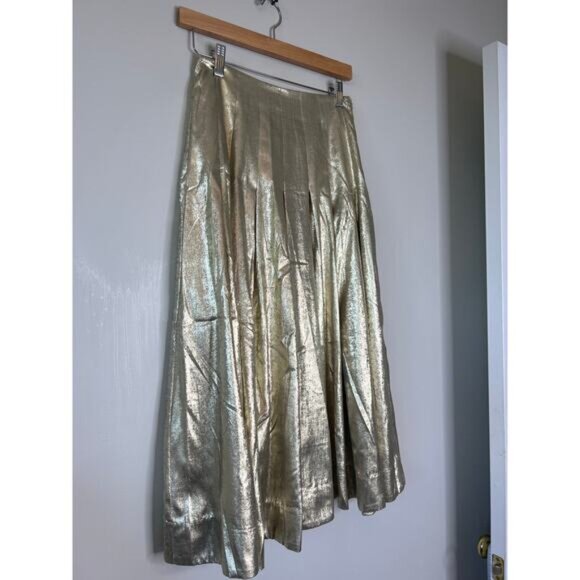 NEW Mestiza New York Seville Metallic Box Pleat Lined Midi Skirt Gold Size: 0 - Picture 3 of 8
